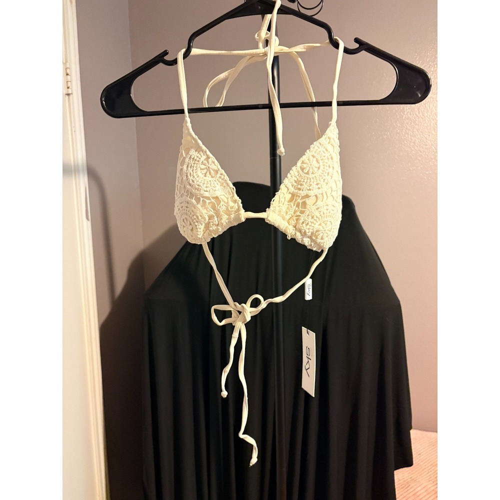 Sky Ivory Color Bikini Top with Crochet Decor, Padded Sz M
